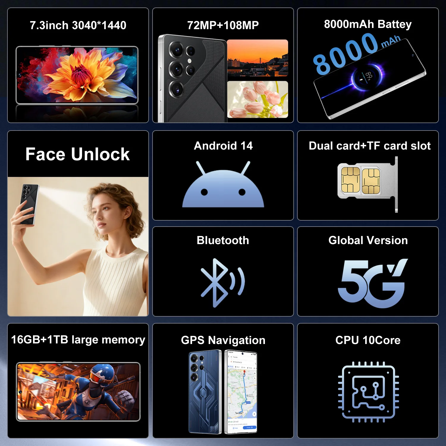 オリジナル携帯電話 Gt30 ultra 16GB+1TB 顔認証ロック解除済み携帯